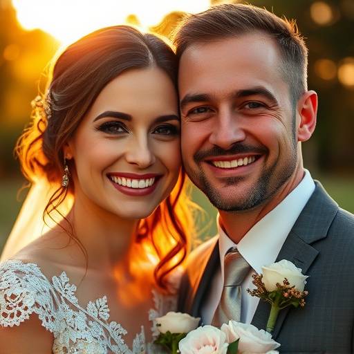 Casal de noivos sorrindo durante a cerimônia, com a luz suave do sol da tarde