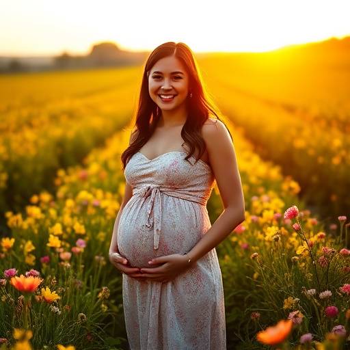 Gestante sorrindo em um campo florido, com as mãos na barriga, em um ensaio fotográfico de gravidez